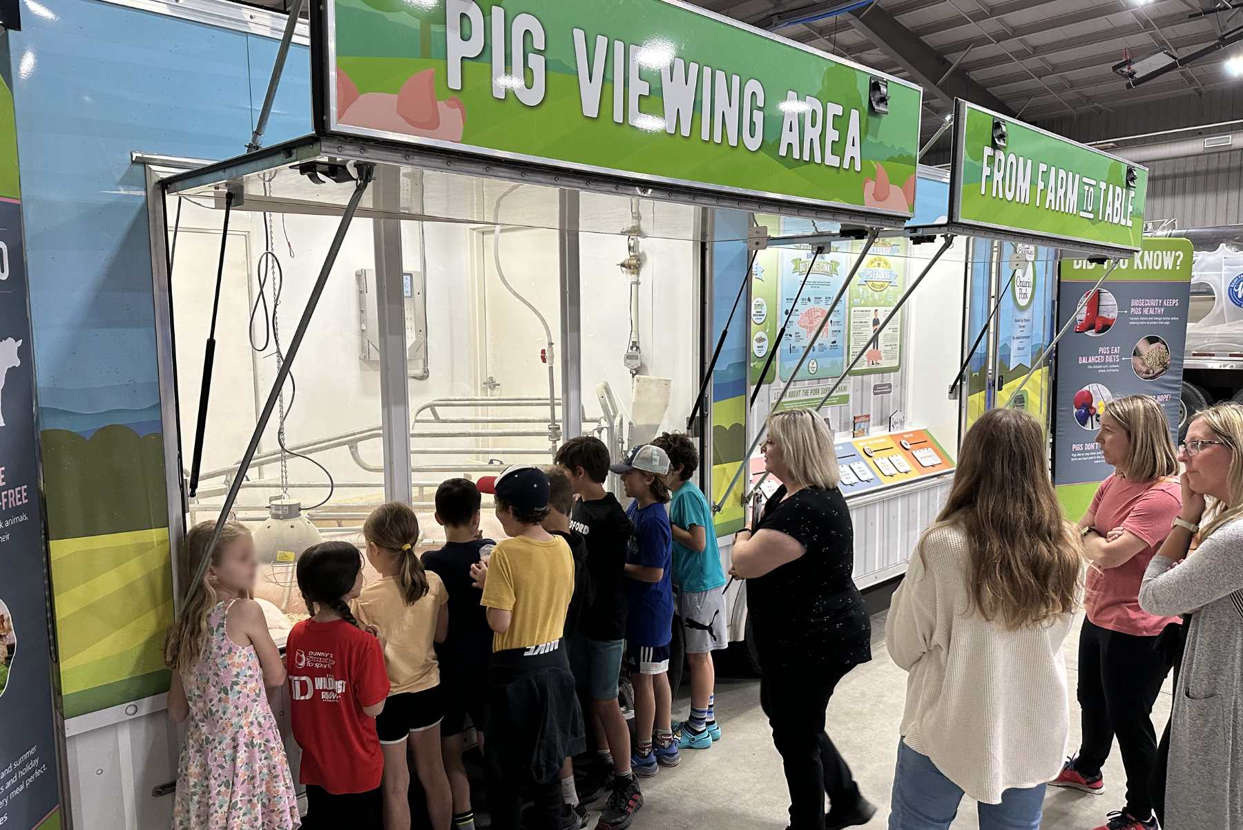 Crowds of children and adults learn about pigs at The Pig Mobile